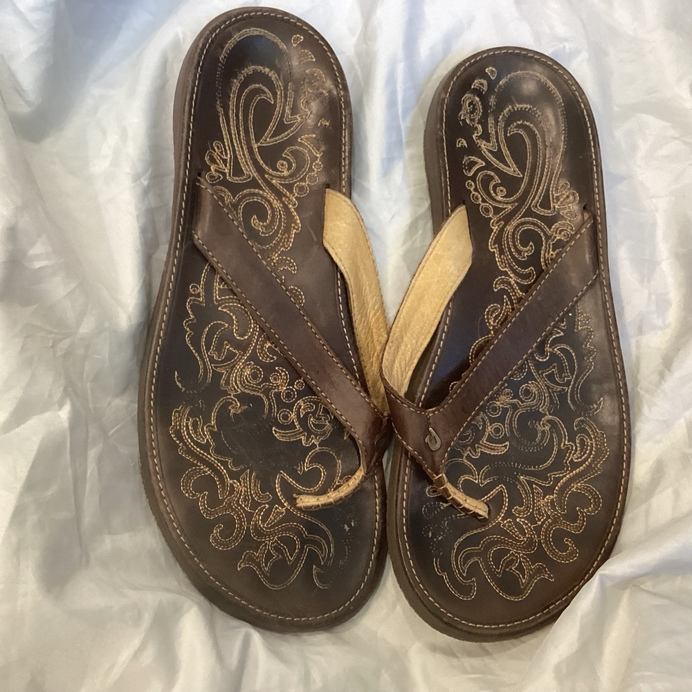 OluKai Paniolo Women’s US 9 EU 39 Brown Leather Flip Flops Beach Sandals Shoes